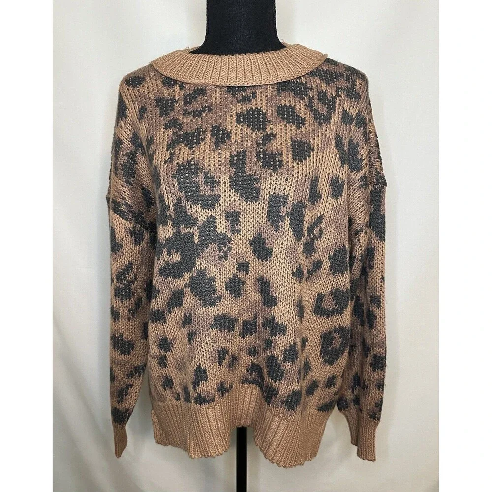 AERIE‎ Oversized Animal Print Crewneck Soft Cozy Brown Sweater SMALL NWT